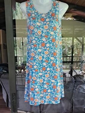 LOFT Petites Blue Floral Midi Dress with Orange Accents